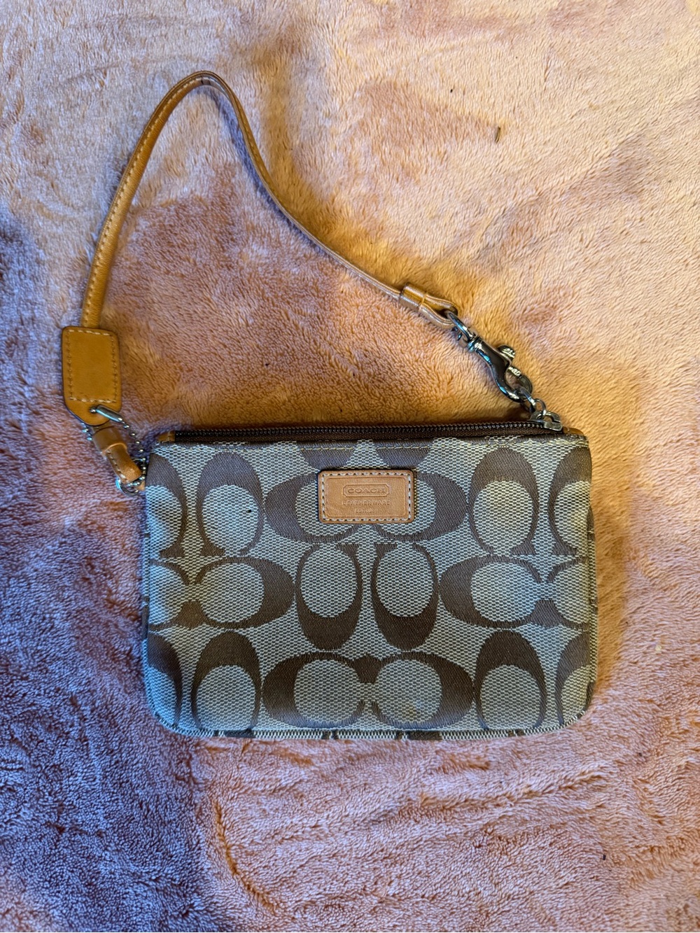 Coach Brown Signature Canvas Wristlet with Leather Strap